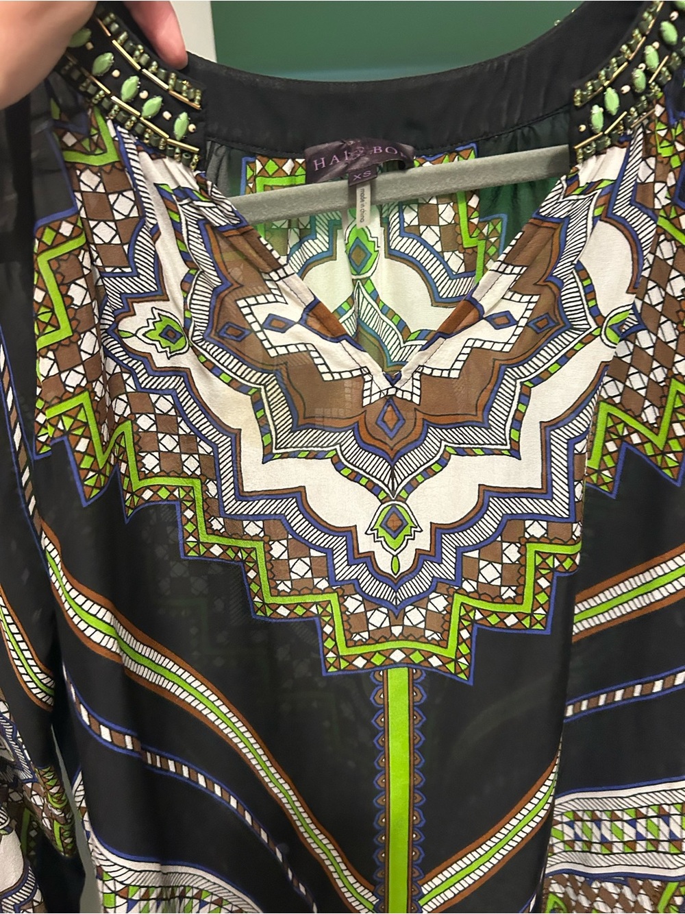 Hale Bob Black Tunic with Green, Brown & Blue Geometric Print